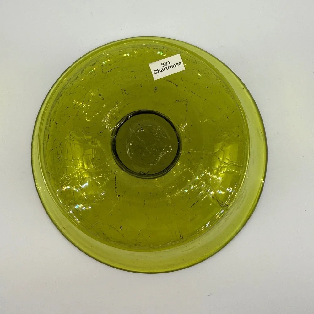 Blenko 931 Chartreuse Green Crackle Glass Footed Bowl Mid Century Modern MCM